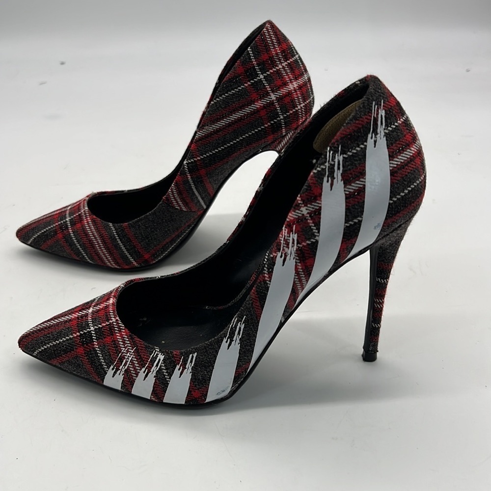 Aldo Red Tartan High Heels with White Racing Stripes size 6 - Picture 4 of 11